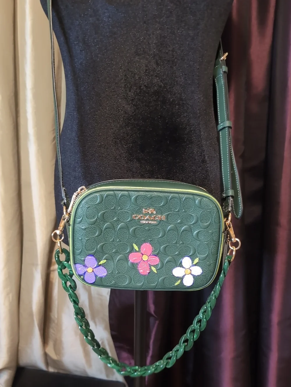 Upcycled,Coach Green Leather Signature Crossbody, With Hand Painted Flowers